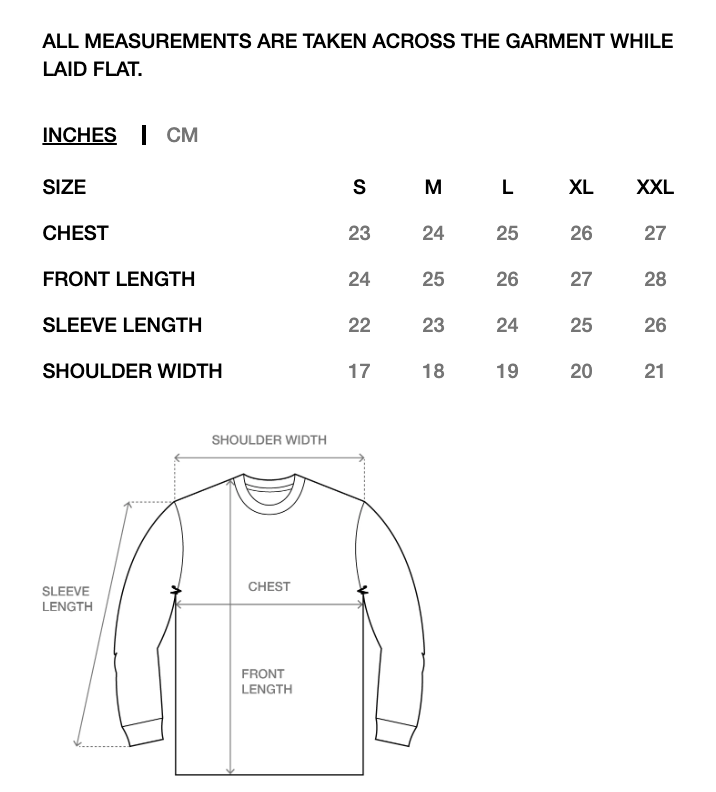 Measurement chart for a long-sleeve top, showing a size table in inches and cm for S, M, L, XL, and XXL with a simple line drawing of the garment and labeled measurement areas.