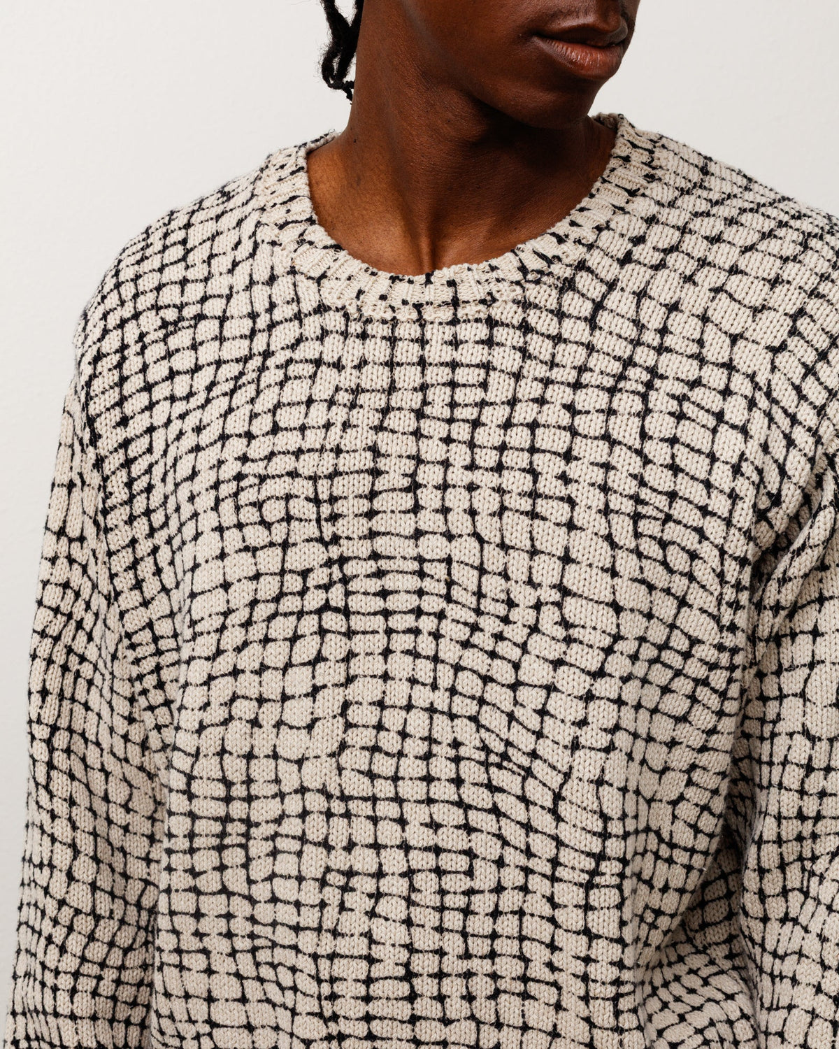 Close-up of a person wearing a cream knit sweater with a black grid pattern, cropped from the lower face to the chest against a plain light background.