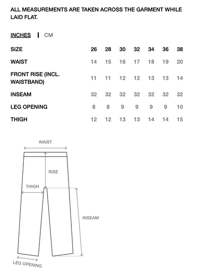 A sizing and measurement chart for pants showing waist, front rise, inseam, leg opening, and thigh measurements in inches and centimeters, with a simple line drawing of the garment labeled with those dimensions.