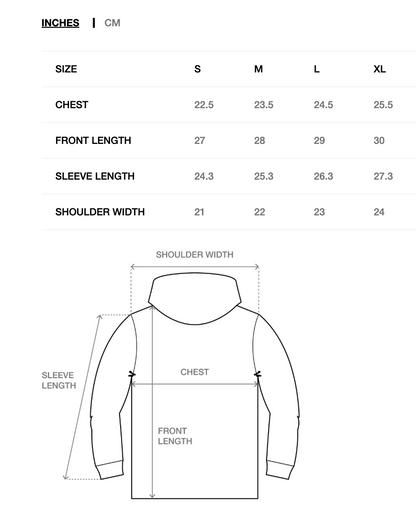 Size chart for a hoodie with measurements in inches and centimeters.