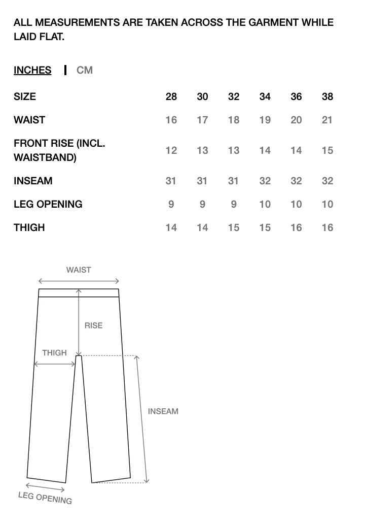 Measurement chart for apparel showing garment measurements in inches and centimeters across sizes 28 to 38, with a simple front-view pant diagram indicating waist, rise, thigh, leg opening, and inseam.